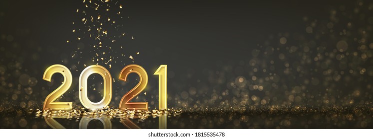 2021 Happy New Year horizontal banner. Vector illustration with golden holiday symbol, confetti and effect bokeh on black background.