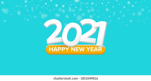 2021 Happy new year horizontal banner background or greeting card with text. vector 2021 new year numbers isolated on a turquoise horizontal background with falling snowflakes