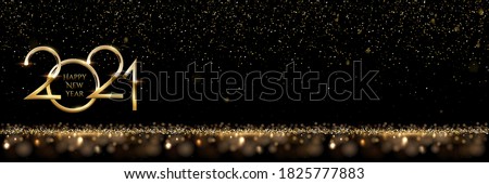 2021 Happy New Year horizontal banner vector template. Winter holiday, christmas congratulations. Festive postcard, luxurious greeting card concept. Numbers with golden glitter and text space