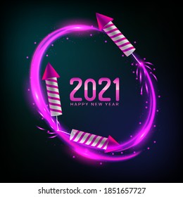 2021 Happy New Year illustration with sparkling firework rockets