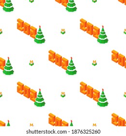 2021 Happy New Year isometric vector seamless pattern with christmas tree and gift boxes on white background. 2021 and christmas tree 3D isometric seamless pattern in flat cartoon style.