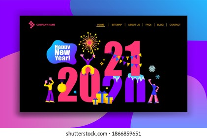 2021 Happy New Year Landing Page or Banner template.
Small people are preparing for holiday, are engaged in decoration.
Modern Cartoon Flat Design Concept 
for website, Mobile app page. Vector