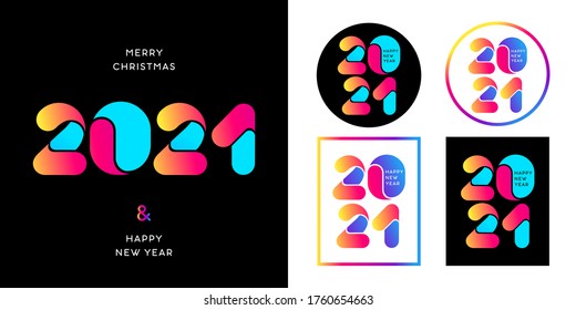 2021 Happy New Year logo text design. 2021 number design template. Collection of 2021 happy new year symbols. Vector illustration with colorful labels in modern style isolated on background