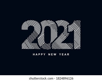 2021 Happy New Year logo text design. Greeting card with inscription 2021 for your layout flyers and greetings card or christmas themed invitations. Vector Illustration. Isolated on black background.
