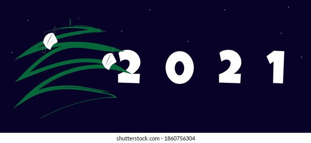 2021 Happy New Year logo text design. 2021 number design template. Vector illustration with black labels isolated on blue background. Coronavirus. 