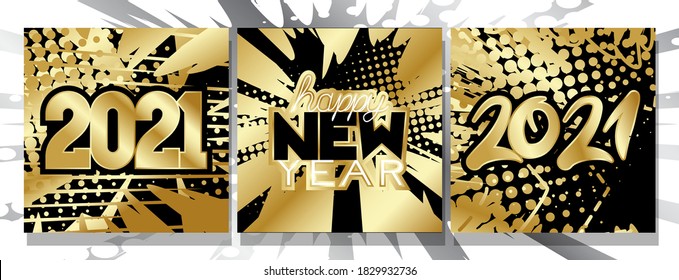 2021 Happy New Year luxury comic book greeting cards set. Cartoon New Year holiday invitations templates. Collection with gold letters and abstract background.