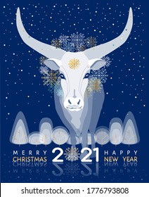 2021 Happy New Year, Merry Christmas! Fantasy Ox, bull, taurus in Snowflake wreath, winter forest, navy blue night sky background. Greeting vector template, web banner, card, poster, cover, invitation