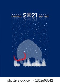 2021 Happy New Year, Merry Christmas! Decorative ox, buffalo, bull in winter forest at navy blue night sky background. Greeting vector element, template, web banner, card, poster, cover, invitation.