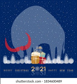 2021 Happy New Year, Merry Christmas! Decorative cute ox, bull, cow, buffalo, gifts, snow trees at winter night sky background. Greeting vector template, web banner, card, poster, cover, invitation