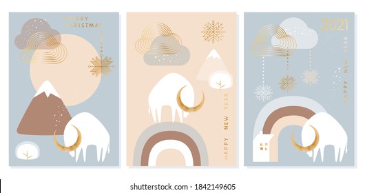 2021 Happy New Year, Merry Christmas vector cards. Collection of abstract background designs, shapes in clean Scandinavian trendy style. Story templates, winter sale, social media promotional content