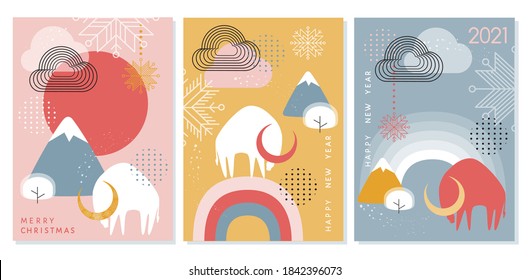 2021 Happy New Year, Merry Christmas vector cards. Collection of abstract background designs, shapes in clean Scandinavian trendy style. Story templates, winter sale, social media promotional content