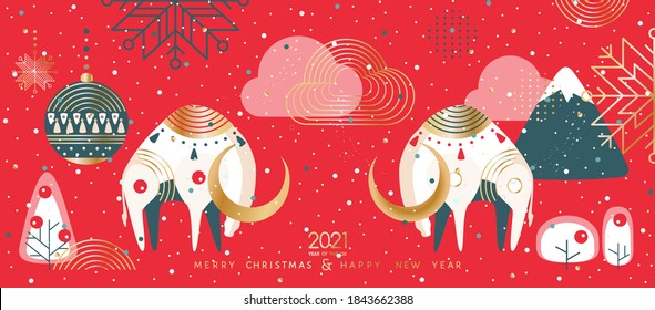 2021 Happy New Year, Merry Christmas vector greeting card, banner, poster, collage. Chinese traditional lunar calendar mascot animal Ox, bull, cow, winter landscape in geometric ornamental style