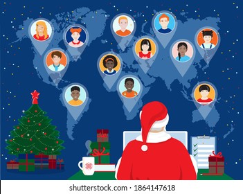 2021 Feliz Año Nuevo, Feliz Navidad. Santa Claus en pantalla de computadora, reuniéndose virtual con diversos niños, niños, niñas de todo el mundo, enviando regalos de Navidad revisando Naughty o la lista de Niza 