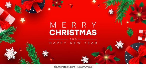 2021 Happy New Year and Merry Christmas horizontal greeting design frame template with decor gift box, poinsettia, snow, christmas pine and text on bright red background