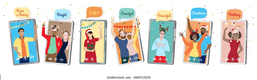 2021 Happy New Year, Merry Christmas Vector Card, Virtual Family Or Business Team Meeting, Diverse Group Of Students At Online Party, Celebrating From Home. Phone Screens, Gift Box, Santa Hat, Cow Hat