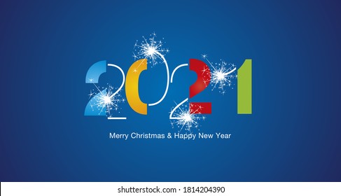 2021 Happy New Year modern black light typography sparkle firework colorful white blue vector greeting card