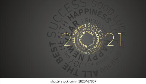 2021 Happy New Year modern abstract circle word cloud text gold white shining bold light typography black greeting card banner