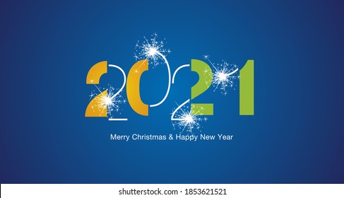 2021 Happy New Year modern black light typography sparkle firework orange green white blue vector greeting card