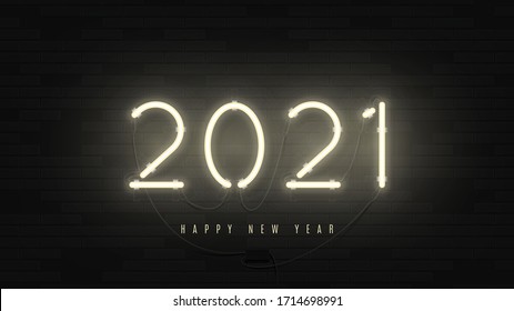 2021 Happy New Year Neon banner. Realistic bright neon billboard on brick wall. Concept of holiday card with glowing text. Vector illustration.