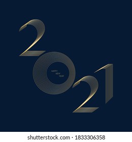 2021 happy new year number in modern line blend style with gold color on navy blue background, holiday greeting card