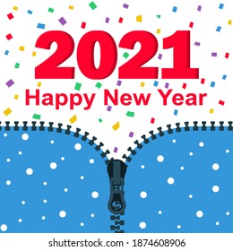 2021 Feliz Año Nuevo. Abre cremallera con 2021 y felicitaciones de texto, saludos. Confeti de colores. Diseño plano vectorial. Aislado sobre fondo blanco. Feliz Navidad.
