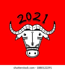 2021 Happy New Year. Ox, cow, bull heads isolated on red background. Eastern Chinese year lunar calendar mascot. Chinese greeting card vector postcard, banner, poster. Illustration for the calendar