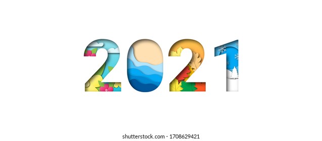 2021 happy new year paper art with spring, summer, autumn and winter. - Vector