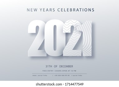 2021 Happy New Year.  Paper 3d numbers on white abstract topography background. Vector holiday illustration. Festive event banner. 