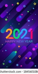 2021 Happy New Year. Paper Memphis geometric bright style for holidays flyers, greetings, invitations, Happy New Year or Merry Christmas cards. Holiday background, poster, banner. Vector Illustration.