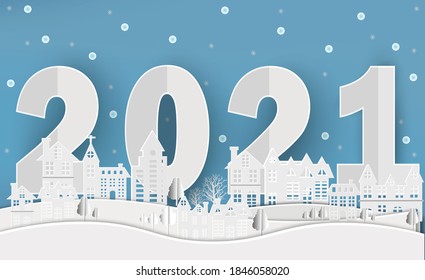 2021 happy new year and Paper city cut 2021 word for new year festival.card,happy,Vector concept paper art and new year celebration.