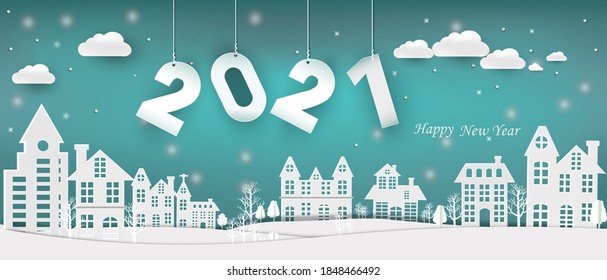 2021 happy new year and Paper city cut 2021 word for new year festival.card,happy,Vector concept paper art and new year celebration.