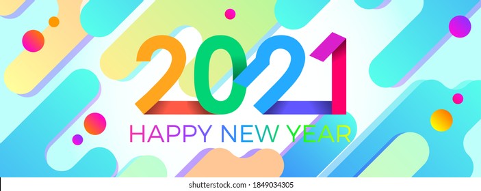 2021 Happy New Year. Paper Memphis geometric bright style for holidays flyers, greetings, invitations, Happy New Year or Merry Christmas cards. Holiday background, poster, banner. Vector Illustration.