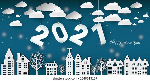 2021 happy new year and Paper city cut 2021 word for new year festival.card,happy,Vector concept paper art and new year celebration.