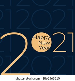 2021 Happy New Year. Party event decoration. Holiday greeting card. Golden 2021 on dark blue background. New Year design for calendar, invitation, greeting card. Vector illustration