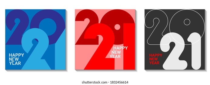 2021 Happy New Year posters set. Design templates with typography logo 2021 for celebration and season decoration. Minimalistic trendy backgrounds for branding, banner, cover, card
