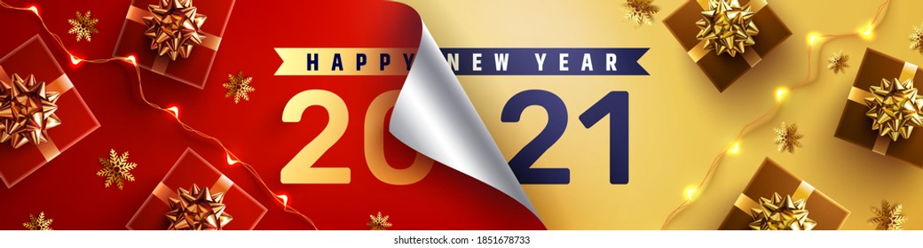 2021 Happy New Year Promotion Poster or banner with open gift wrap paper and gift box in red and gold colors.Change or open to new year 2021 concept.Promotion and shopping template for New Year 2021