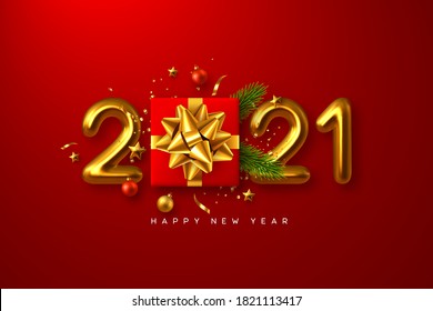 2021 Happy New Year. Realistic gift box with decorative elements and 3d metallic numbers on red background. Vector illustration.