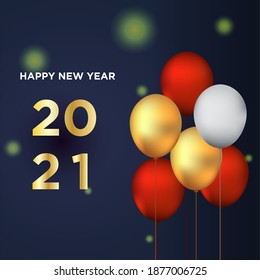 2021 Happy New Year. Realistic balloon. 3d render gold and red metallic sign and text letter. Celebrate party 2021.