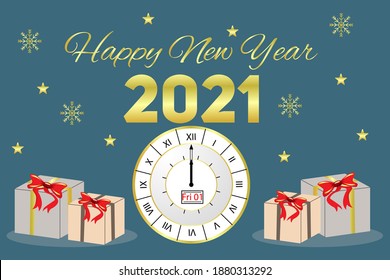 2021 Happy New Year. Realistic gift box Golden metal number. 3d render gold metallic sign and text letter. Celebrate party 2021. Christmas Poster, banner, cover card, brochure, flyer, layout design