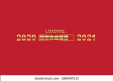 2021 Happy New Year. Realistic numbers symbol with loading progress bar. Holiday vector illustration of golden metallic calligraphic numbers 2020. Festive poster, banner design. Modern lettering sign