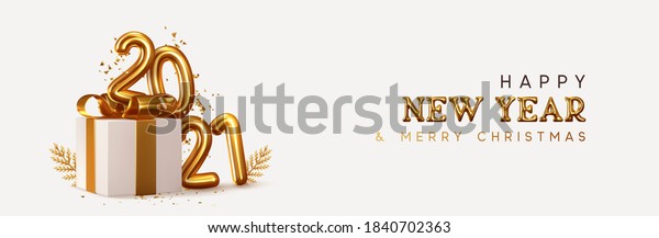 2021\
Happy New Year. Realistic gift box Golden metal number. Christmas\
Poster, banner, cover card, brochure, flyer, layout design.\
Metallic sign and text letter. Easy to edit for\
2022