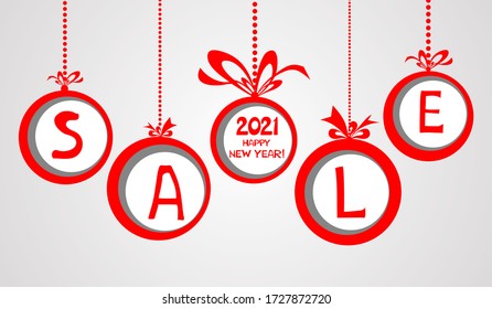 2021 Happy New Year. Sale. Christmas sale label. Horizontal posters, greeting cards, header, website. Red Card with Christmas balls. Card or Christmas themed invitations.  Vector Illustration