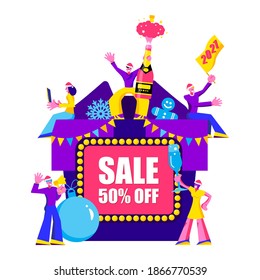 2021 Happy New Year Sale and  Merry Christmas card.
Small people are preparing for holiday.
Modern Cartoon Flat Design Concept for website, Mobile app page, Landing Page. Vector
