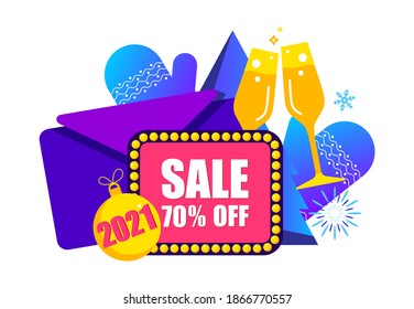 2021 Happy New Year Sale and  Merry Christmas card.
Small people are preparing for holiday.
Modern Cartoon Flat Design Concept for website, Mobile app page, Landing Page. Vector