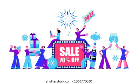 2021 Happy New Year Sale and  Merry Christmas card.
Small people are preparing for holiday.
Modern Cartoon Flat Design Concept for website, Mobile app page, Landing Page. Vector