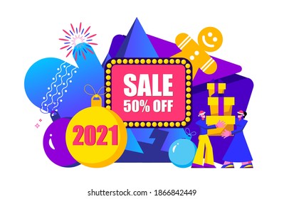2021 Happy New Year Sale and  Merry Christmas card.
Small people are preparing for holiday.
Modern Cartoon Flat Design Concept for website, Mobile app page, Landing Page. Vector
