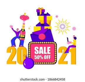 2021 Happy New Year Sale and  Merry Christmas card.
Small people are preparing for holiday.
Modern Cartoon Flat Design Concept for website, Mobile app page, Landing Page. Vector
