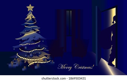 2021. Happy new year. Santa Claus leaving the room. Blue Christmas tree with gold star, garlands and gifts in the new year night at home. Vector illustration.