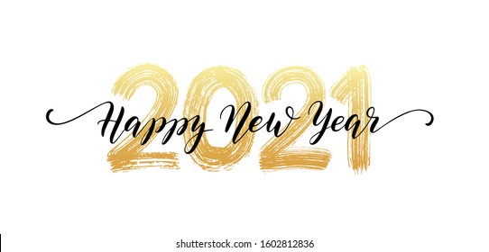 2021 HAPPY NEW YEAR script text hand lettering. Design template Celebration typography poster, banner or greeting card for Merry Christmas and happy new year. Vector Illustration - Shutterstock ID 1602812836