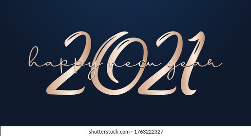 2021 HAPPY NEW YEAR script text handwriting lettering On Dark Blue background, 2021 Celebration typography poster greeting card happy new year. Vector Illustration